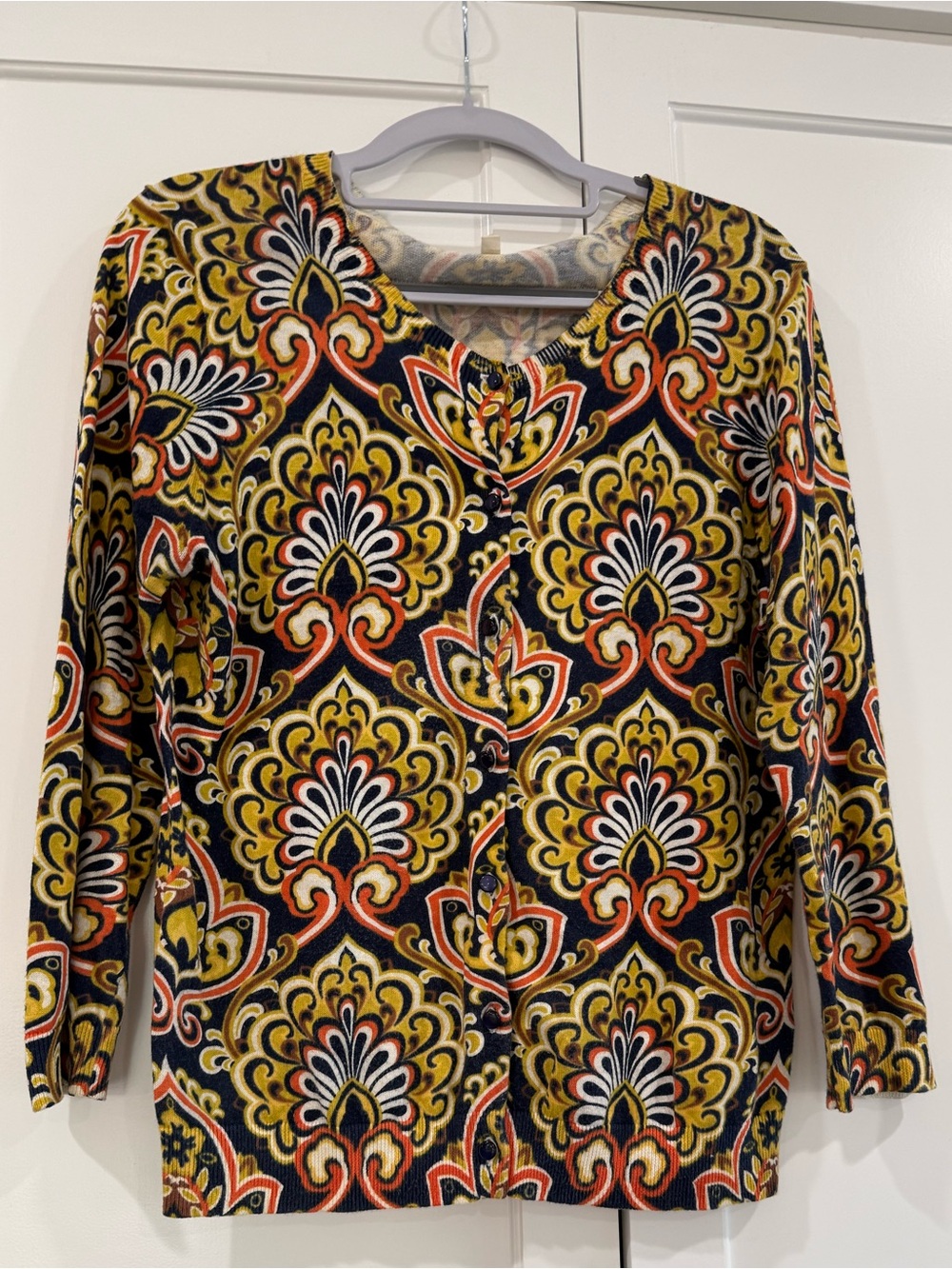 J. Crew Patterned Cardigan Button-Front sweater in Black, Gold and Orange